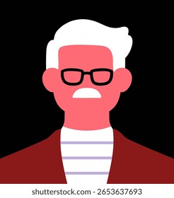 Retrato abstrato, homem sênior. Personagem de cabelos grisalhos antigos com bigode e óculos, avatar sem rosto, cartaz de estilo moderno. Homem idoso maduro de óculos e bigode. Ilustração de vetor plano
