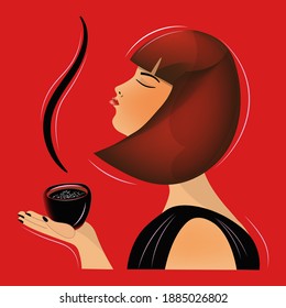 Abstract portrait of a stylish bright woman who drinks coffee with great pleasure.  Girl and cup of hot drink. Vector illustration. 