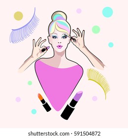 Abstract portrait surprised girl model, fashion art, beauty. Color vector prints, Makeup, background for text, women shop, sale.