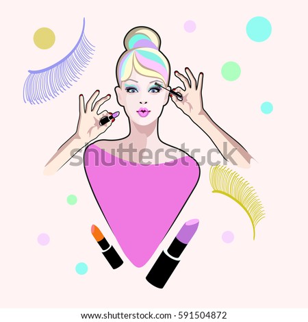 Abstract portrait surprised girl model, fashion art, beauty. Color vector prints, Makeup, background for text, women shop, sale.