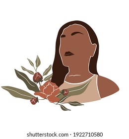 Abstract portrait of a tanned woman with long dark hair with a bouquet of peonies. Illustration in trendy minimal style. Vector