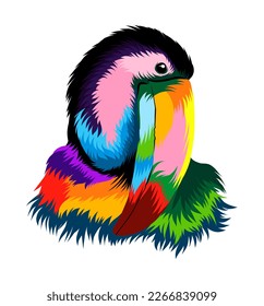 Abstraktes Porträt von Toucan Head, tropischer Vogel aus mehrfarbigen Farben. Farbige Zeichnung. Vektorgrafik von Farben