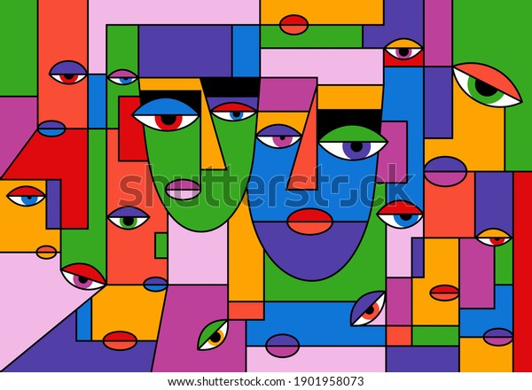 Abstract portrait. Two faces, colorful background\
cubism art style. Texture with women portraits for print,\
contemporary fashion\
design