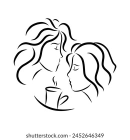 Abstract portrait of two young women with cup of coffee. Line art girls drawing. Vector illustration. Girlfriends with coffee mug. Cafe minimal logo