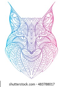 Abstract portrait of a wild cat. Lynx. Predatory cat. Line art. Drawing by hand. Tattoo. Doodle. Zentangle. Graphic arts. Stylized cat. ?at's head.