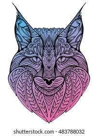 Abstract portrait of a wild cat. Lynx. Predatory cat. Line art. Drawing by hand. Tattoo. Doodle. Zentangle. Graphic arts. Stylized cat. ?at's head.