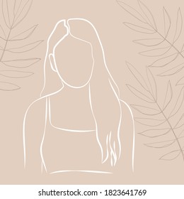 Abstract portrait of a woman against the background of decorative tropical plants. Line art. Vector illustration in pastel colors.