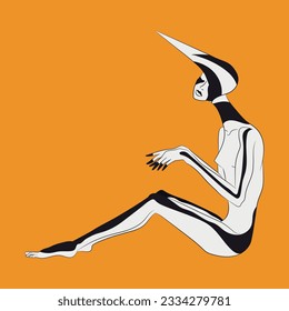 Abstract portrait of a woman with black lines on the body and a pointed headdress. Hand drawn woman concept art. Vector illustration