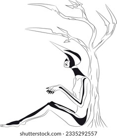 Abstract portrait of a woman with black lines on the body and a pointed headdress near a sharped tree. Hand drawn empty contour isolated on a white background. Vector illustration