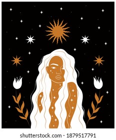 Abstract portrait of a woman with cosmic stars, sun, floral elements. Esoteric concept. Design for wallpaper, wall decor, card, print, cover, social media. Hand drawn style. Vector illustration. 