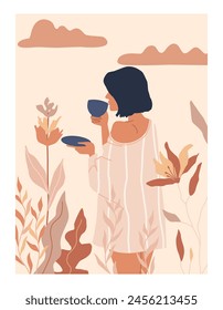 Abstract portrait of woman drinking coffee against background of nature. Female figure in minimalist contemporary style in pastel colors. Flat vector illustration wall art.