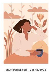 Abstractas retrato de mujer tomando café sentado en la mesa contra el fondo de la naturaleza. Silueta de figura femenina en estilo minimalista moderno en cálidos colores pastel. Ilustración vectorial plana 