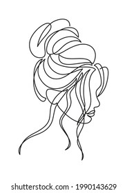 Abstract portrait of a woman with an elegant hairstyle. Beauty salon, hairdresser, wedding. Vector illustration, minimalism, line art, continuous line. Icon, symbol, logo for package, poster, card