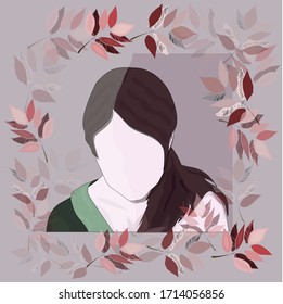 Abstract portrait of a woman. Faceless woman portrait with green leaves ornament. Beautiful girl icon.