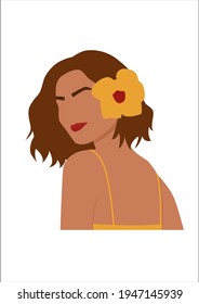 Retrato abstracto de mujer con flor. Mujer con aspecto de verano. Carácter de playa sin rostro. Ilustración vectorial minimalista aislada en fondo blanco. 