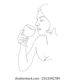 Abstract portrait of a woman with a glass in a linear style. Illustration for design, posters and creative ideas
