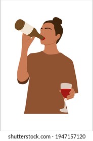 Retrato abstracto de una mujer con un vaso de vino. Bebidas femeninas de una botella de vino. El concepto de amante del vino es minimalista. Ilustración vectorial de moda aislada en fondo blanco.