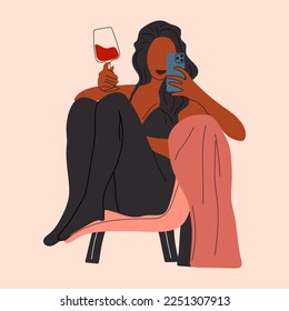 Abstract portrait of woman with glasses of wine. Female drinks wine. Minimalist vine lovers. Trendy vector illustration isolated on white background