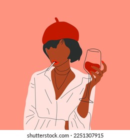 Abstraktes Porträt von Frau mit Gläsern Wein. Weibliche Getränke Wein. Minimalistische Weinliebhaber. Trendy Vektorgrafik einzeln auf weißem Hintergrund