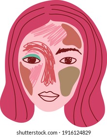 Abstract portrait of a woman in modern style in pink color. Surrealism face. Hand drawn vector illustration for contemporary design.