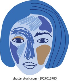 Abstract portrait of a woman in modern style in blue color. Surrealism face. Hand drawn vector illustration for contemporary design.