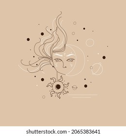 Abstract portrait of a woman with Scandinavian runes on her face, with a month of the sun and planets in Boho style. Esoteric symbols are drawn in a linear style, Vector graphics