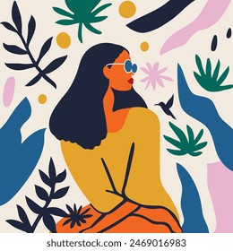 Abstract portrait woman in sunglasses in contemporary style. Modern glamour female poster illustration with tropical leaves and hand drawn shapes on beige background.