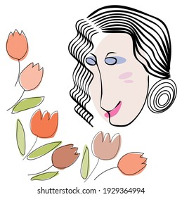 Abstract portrait of a woman with tulips on a white background. Vector illustration
