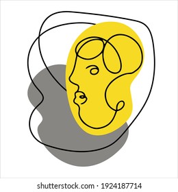 Abstract Portrait. Woman's face in one solid line, stylish hand-drawn. Simple minimalist forms. Concept of psychological problems and self awareness in a complex world. Print for clothing, poster.