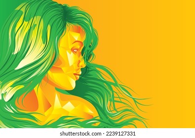 Abstract portrait of a yellow girl with green hair, geometric retro style.