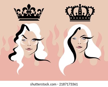 Abstract portrait of a young and adult Rhaenyra Targaryen who is character of the series House of the Dragon - prequel Game of Thrones. Two white haired woman with crowns over their heads.