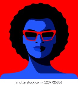 Abstract Portrait of Young African American Girl with Short Hair Wearing Sunglasses. Vector Illustration