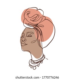 Abstract portrait of young African American woman. Continuous one line drawing isolated on white. Vector illustration in simple modern style. 