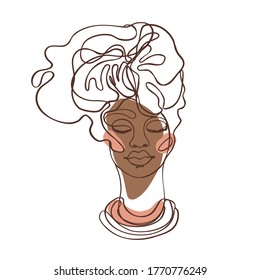 Abstract portrait of young African American woman. Continuous one line drawing isolated on white. Vector illustration in simple modern style. 