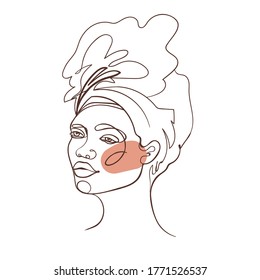 Abstract portrait of young African American woman. Continuous one line drawing isolated on white. Vector illustration in simple modern style. 