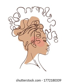 Abstract portrait of young African American woman. Continuous one line drawing isolated on white. Vector illustration in simple modern style. 