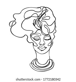 Abstract portrait of young African American woman. Continuous one line drawing isolated on white. Vector illustration in simple modern style. 