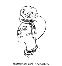 Abstract portrait of young African American woman. Continuous one line drawing isolated on white. Vector illustration in simple modern style. 