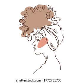 Abstract portrait of young African American woman. Continuous one line drawing isolated on white. Vector illustration in simple modern style. 