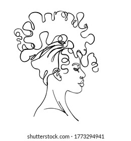 Abstract portrait of young African American woman. Continuous one line drawing isolated on white. Vector illustration in simple modern style. 