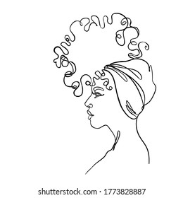 Abstract portrait of young African American woman. Continuous one line drawing isolated on white. Vector illustration in simple modern style. 