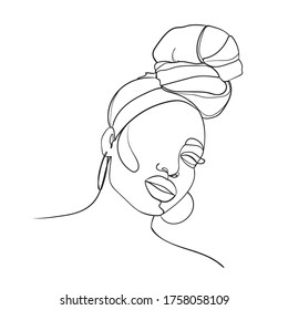 Abstract portrait of young African woman in minimalistic modern style. Line drawing. -  Vector illustration