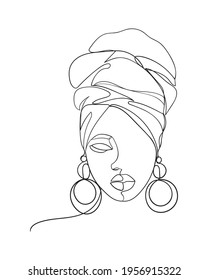 Abstract Portrait Of Young African Woman In Minimalistic Modern Style. Line Drawing. -  Vector Illustration