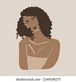 Abstract portrait of a young African woman with dark skin. Minimal fashion style of drawing people's faces. Hand drawn vector illustration.