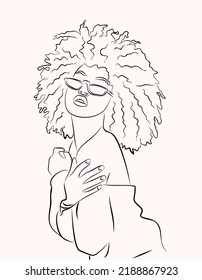 Abstract portrait of young African woman in minimalistic modern line art style. Trendy design for beauty logo, prints, tattoos, posters, textile, card