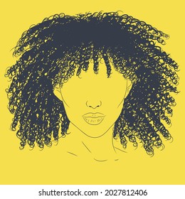 Abstract portrait of young black girl with curly hair lineart illustration.