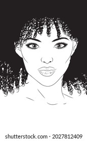 Abstract portrait of young black girl with curly hair lineart illustration.