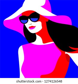 Abstract portrait of young girl wearing big hat and  sunglasses. Vector illustration