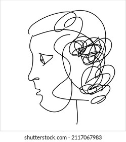 Abstract portrait of a young man with a curly hair in minimal line art style on a white background
