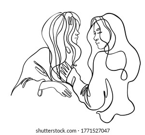 Abstract portrait of young pretty woman. Friends, sisters or couple. 
 Continuous one line drawing isolated on white. Vector illustration in simple modern style. 